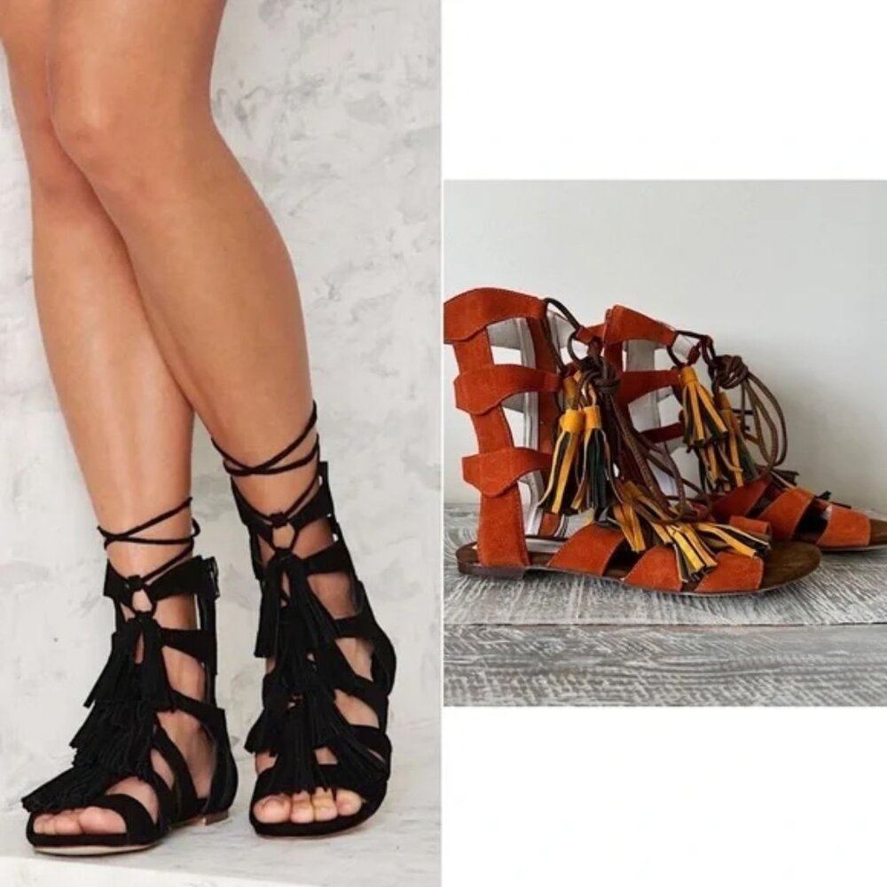 Jeffrey Campbell Hang of Four Suede Tassel Summer Sandal-(Size:9)